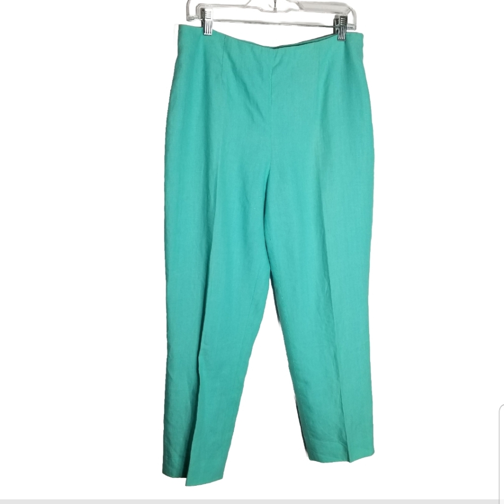Ellen Tracy Linen Pants Women's Size 12 Hi Rise Ankle Aqua Blue Side Zip Lined